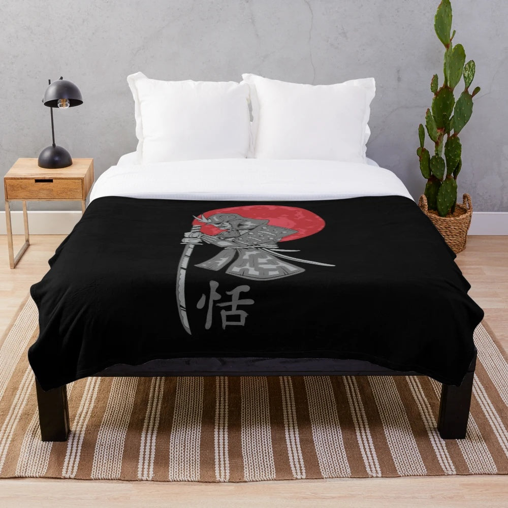 Artistic samurai warrior plush blanket with Japanese sword and pop culture inspired design