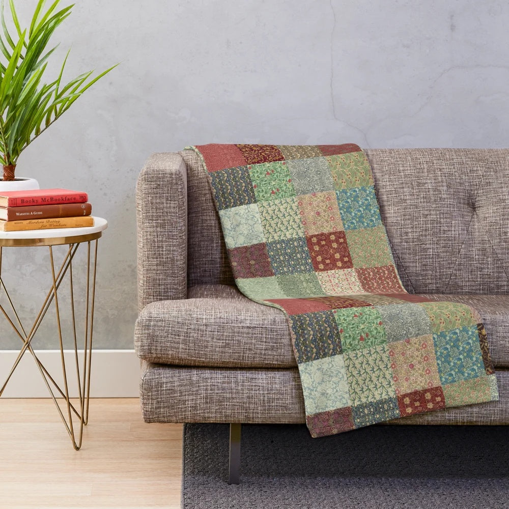 Vintage floral patterned plush blanket with botanical flower design inspired by William Morris