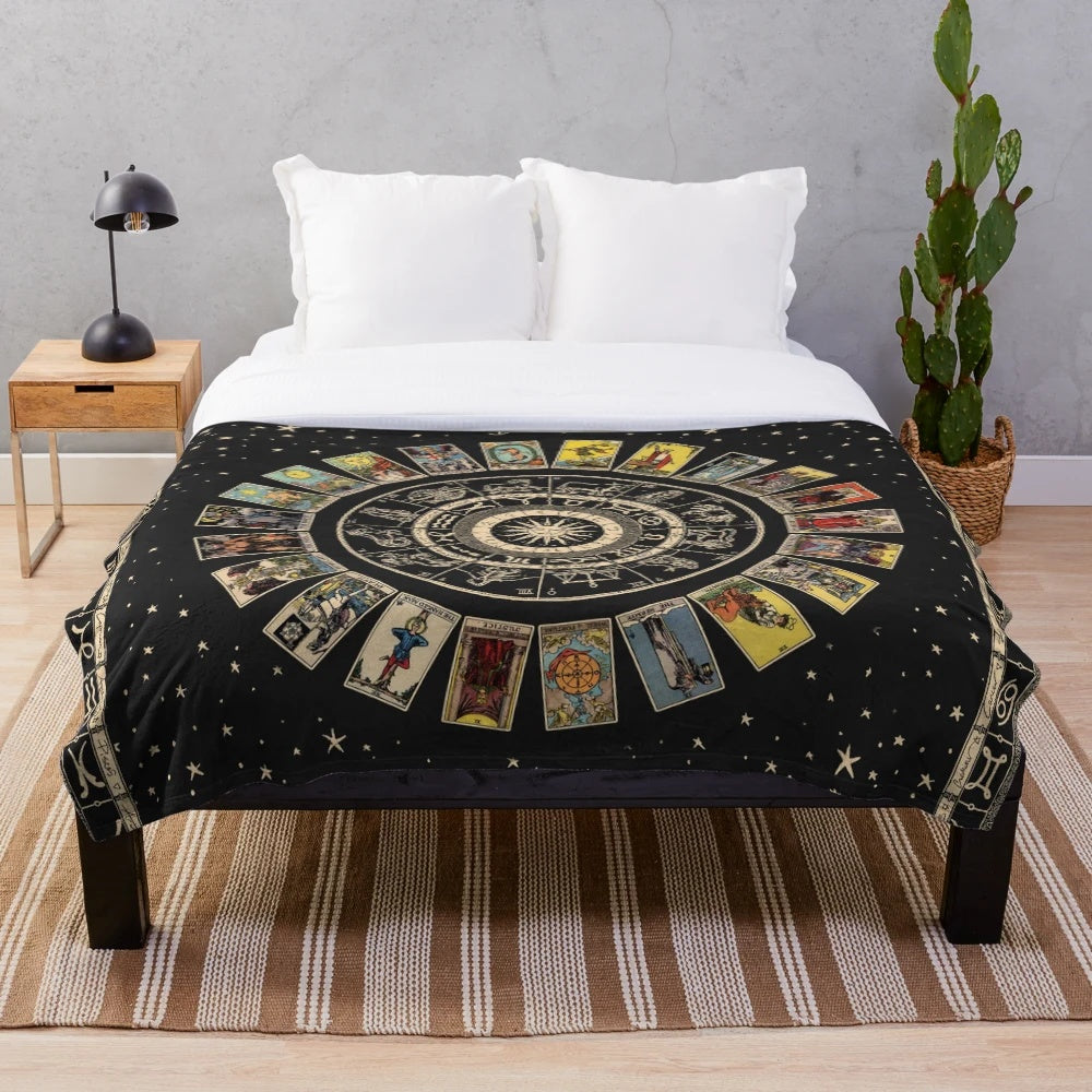 Plush blanket featuring the zodiac wheel and major arcana tarot imagery
