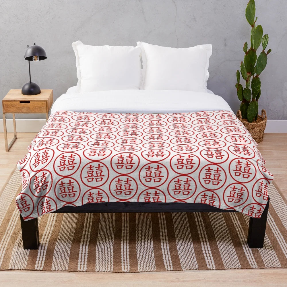 Plush blanket featuring the Chinese auspicious symbol 囍 for weddings and marriage celebrations