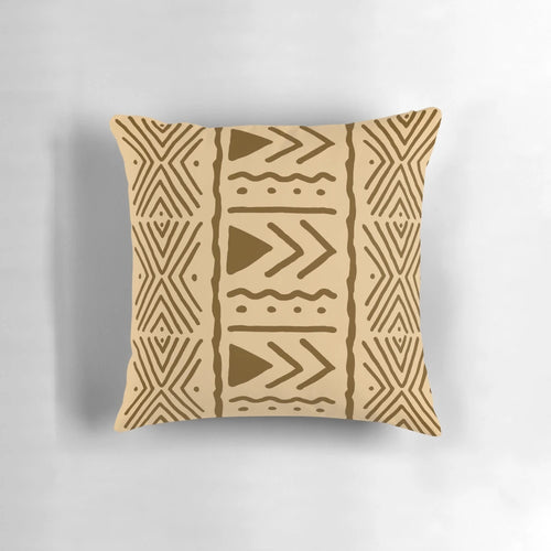 Tan and brown African Bogolan design throw pillow with tribal patterns for boho and safari-inspired home decor.