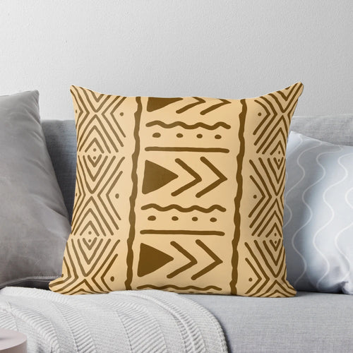 Tan and brown African Bogolan design throw pillow with tribal patterns for boho and safari-inspired home decor.
