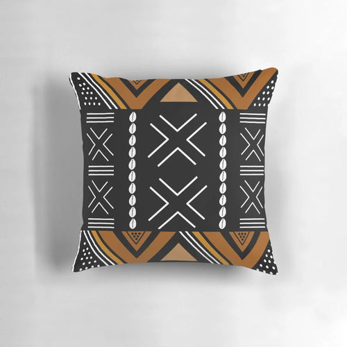 Decorative throw pillow with a traditional African mud cloth inspired Bogolan design pattern