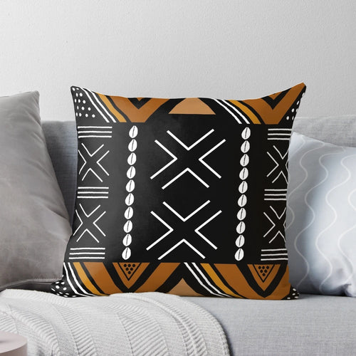Decorative throw pillow with a traditional African mud cloth inspired Bogolan design pattern