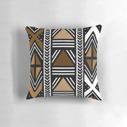 Vibrant African mud cloth pattern on a plush boho-style pillow