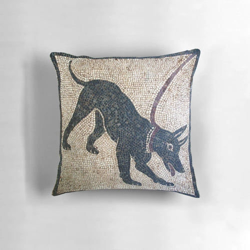 Decorative pillow featuring an ancient Roman "Cave Canem" mosaic from Pompeii, Italy