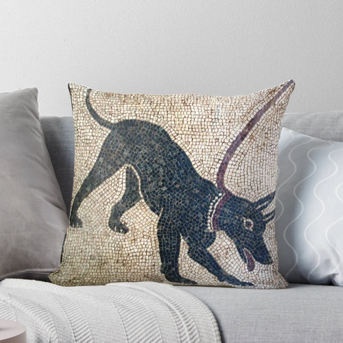 Decorative pillow featuring an ancient Roman "Cave Canem" mosaic from Pompeii, Italy