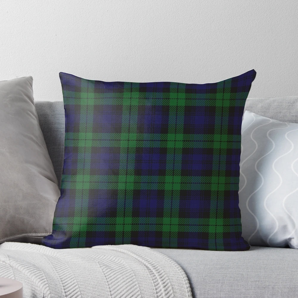 Vibrant black watch tartan plaid pillow with classic Scottish clan design