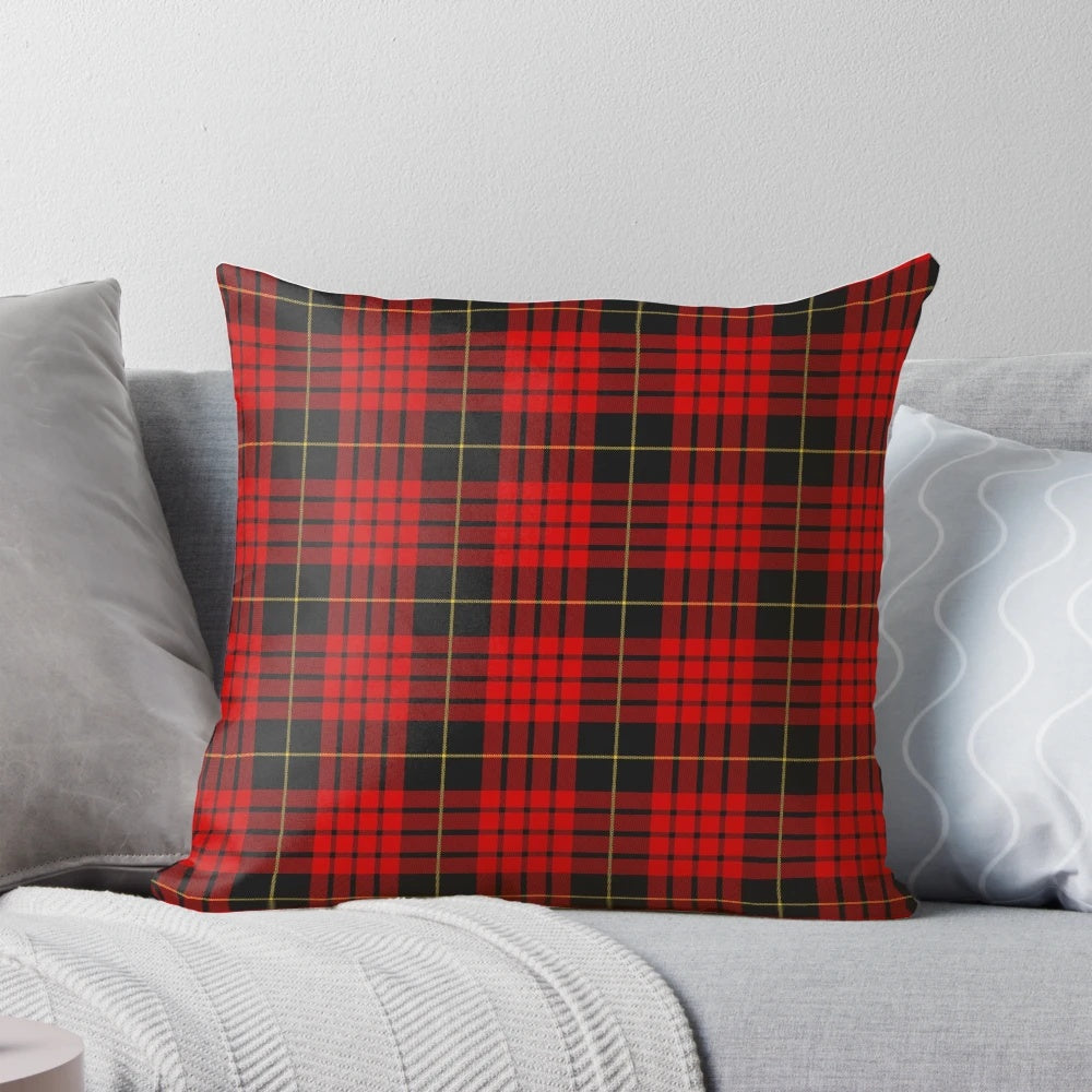 Clan MacQueen tartan pillow, featuring the traditional red and black plaid pattern of the MacQueen clan.