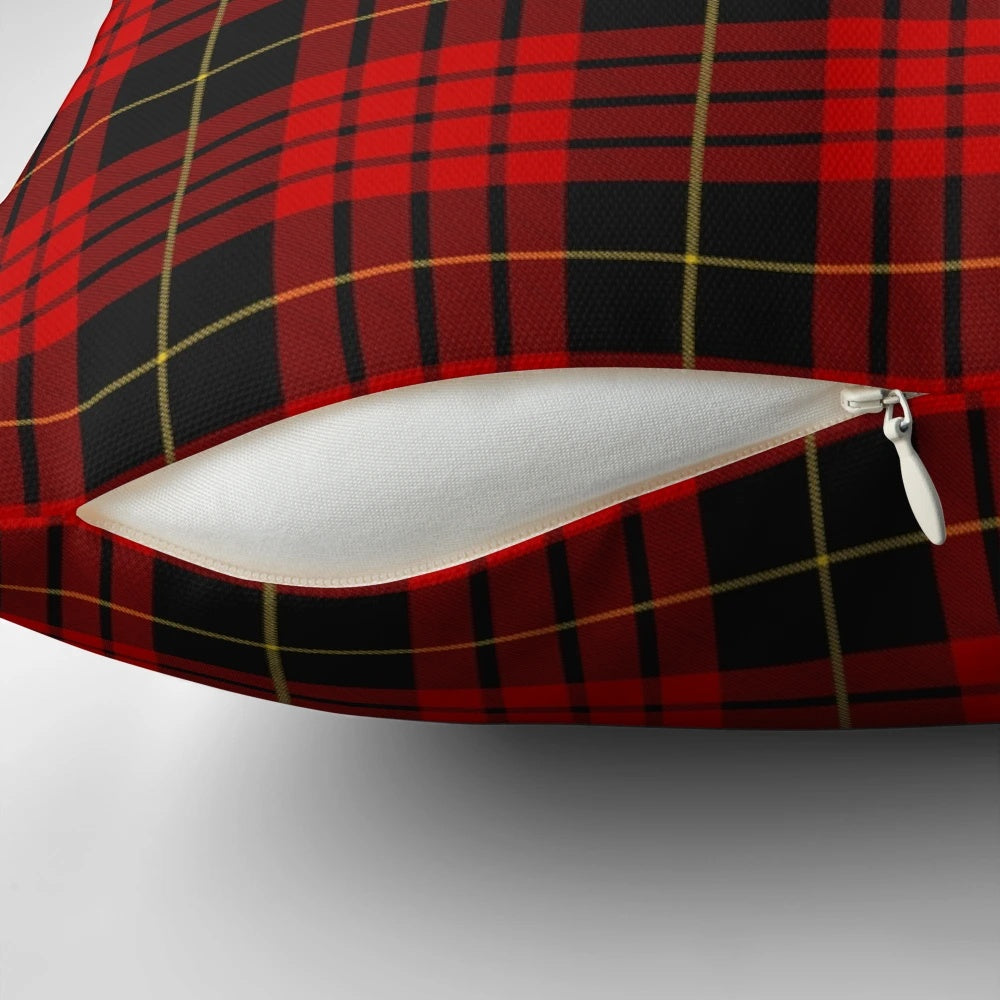 Clan MacQueen tartan pillow, featuring the traditional red and black plaid pattern of the MacQueen clan.