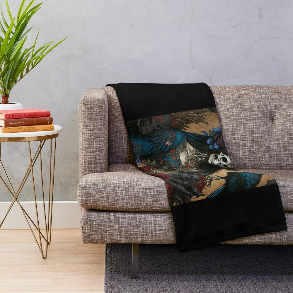 Soft plush blanket featuring the Mexican folk art figure of Santa Muerte, the patron saint of death