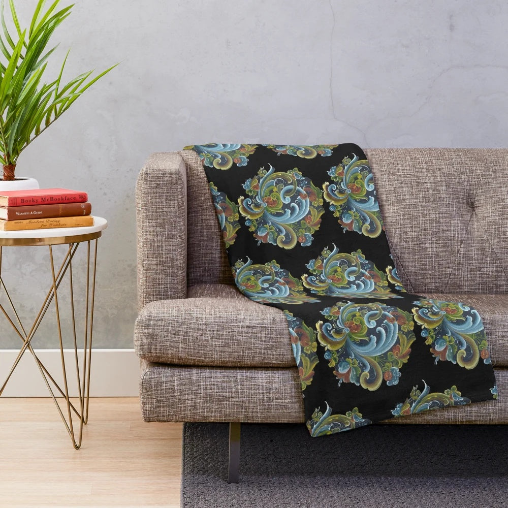 Traditional Norwegian Telemark rosemaling design plush blanket