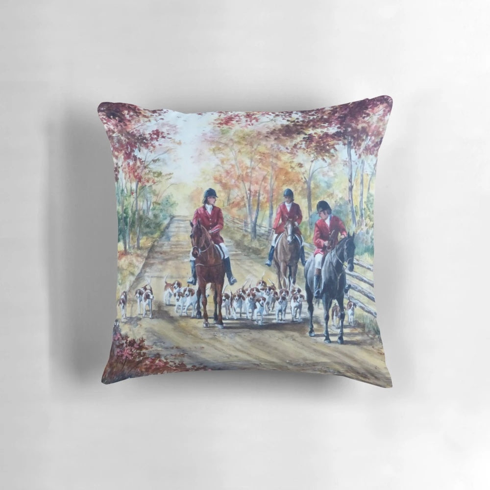 Autumn-themed decorative pillow featuring horses and hounds in a fox hunt design