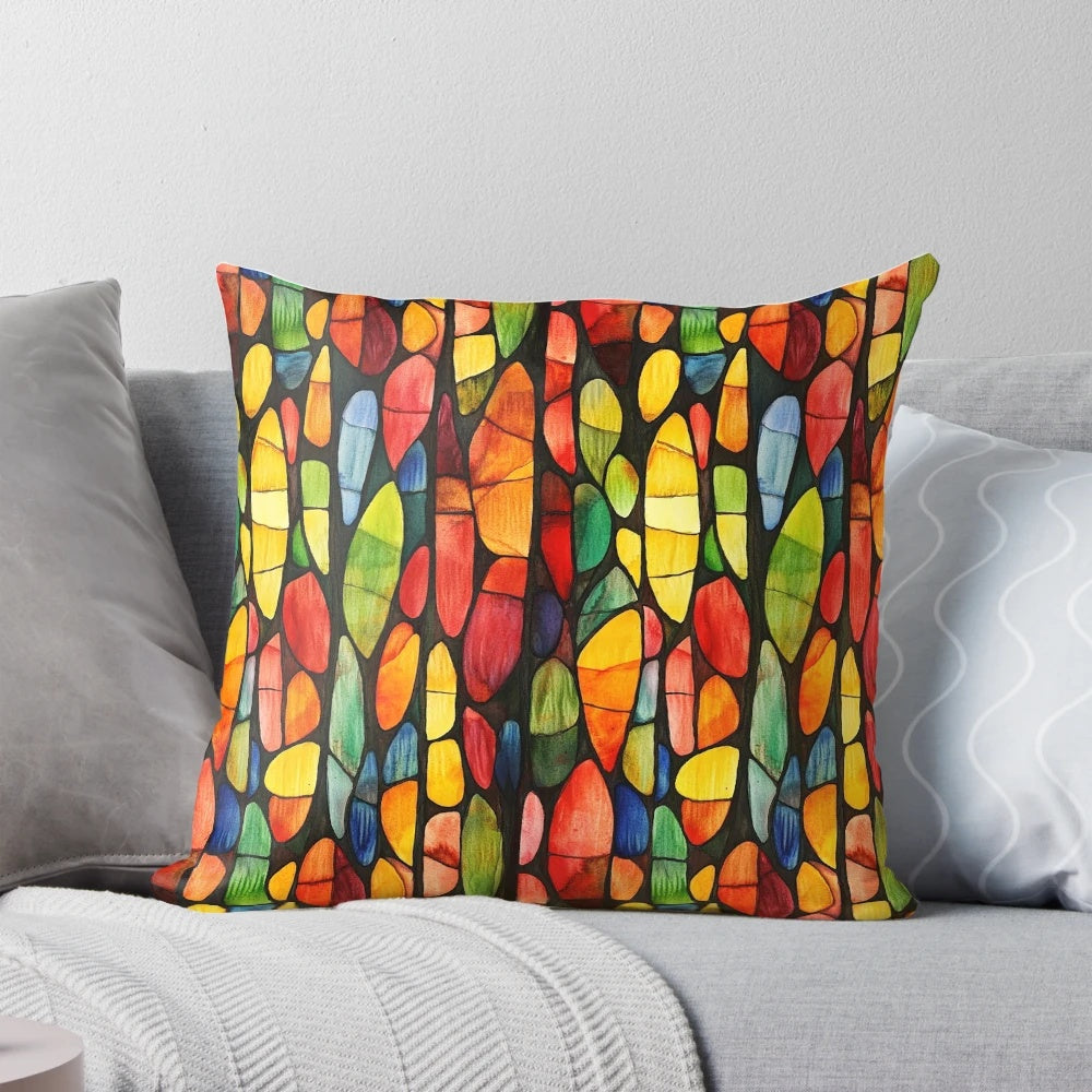 Vibrantly colored autumn inspired pattern pillow with a Hundertwasser art style
