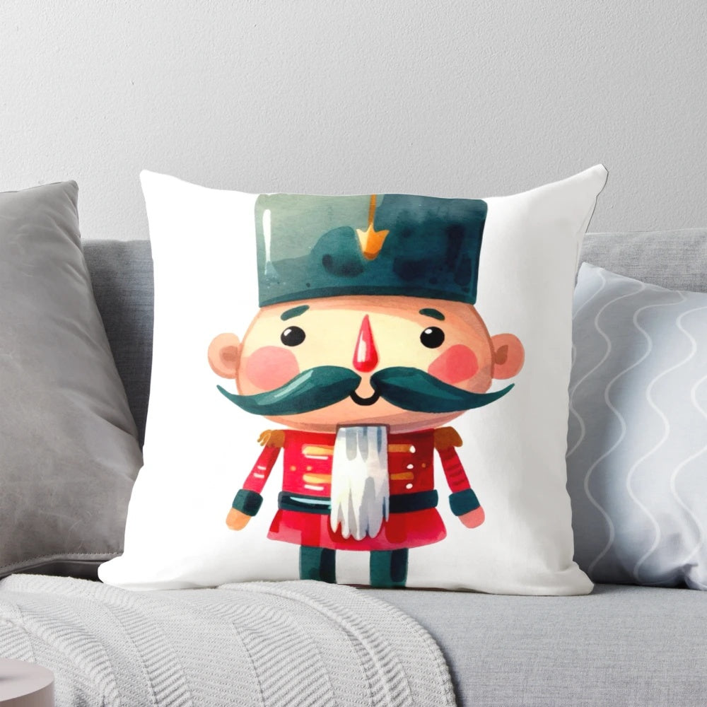Bald nutcracker watercolor painting on a decorative holiday pillow