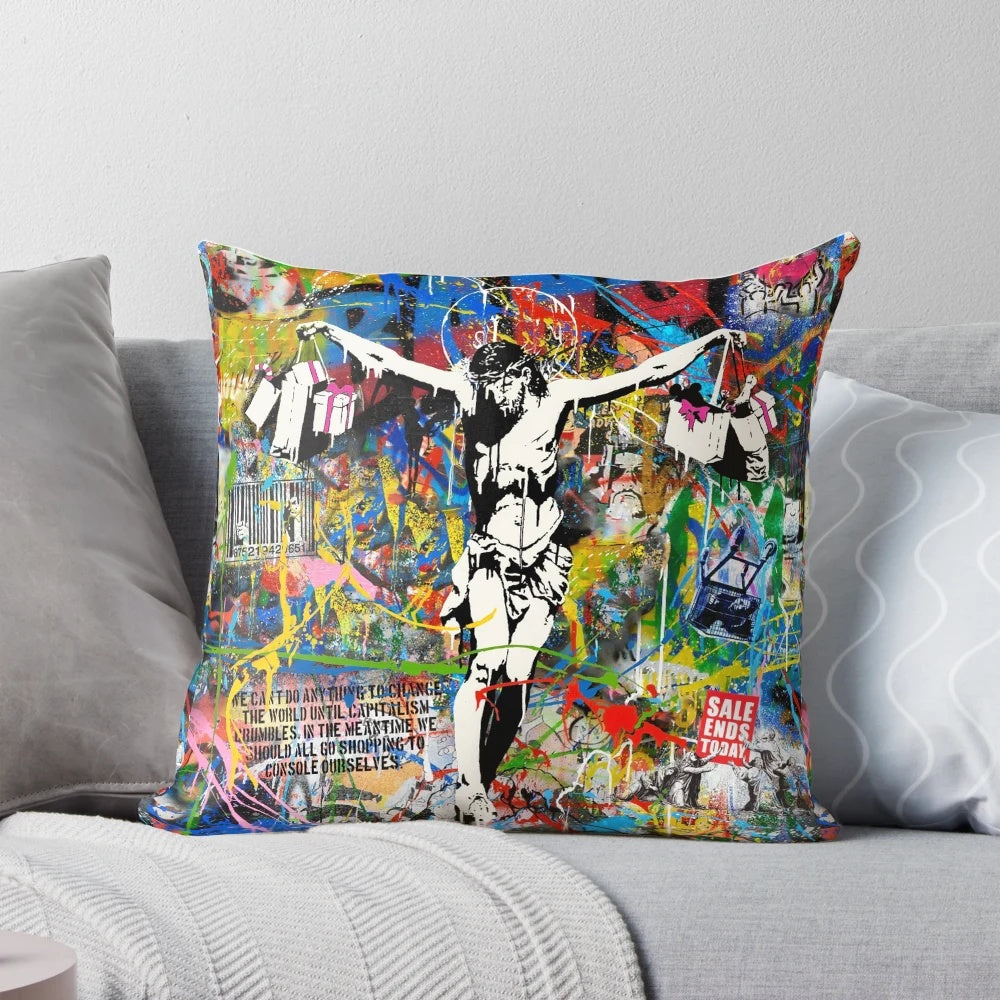 Colorful Banksy-inspired pop art pillow featuring a mashup of Jesus Christ and a shopping bag, representing urban street culture and commentary on consumerism.