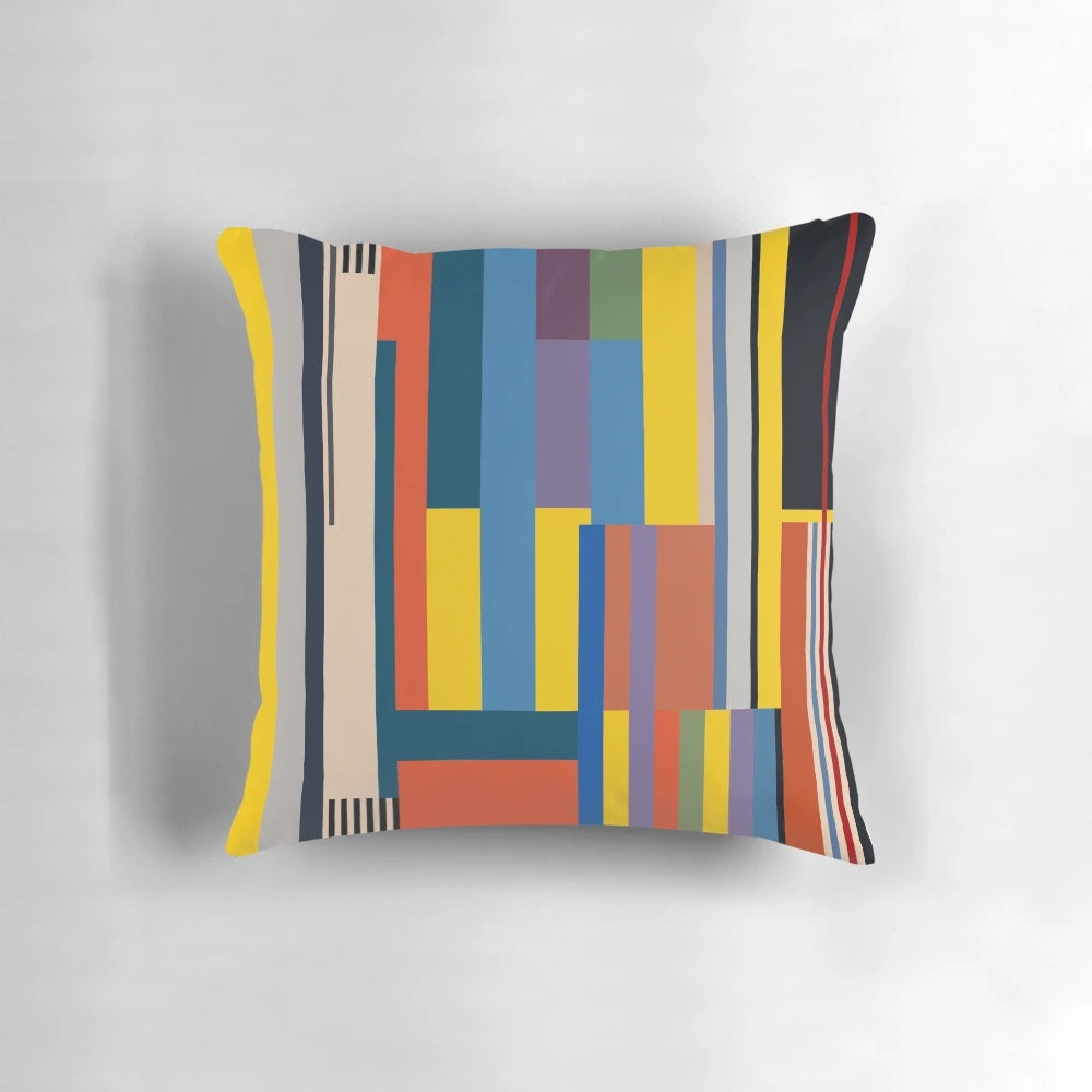 Vibrant Bauhaus-style pillow with abstract geometric shapes and bold colors