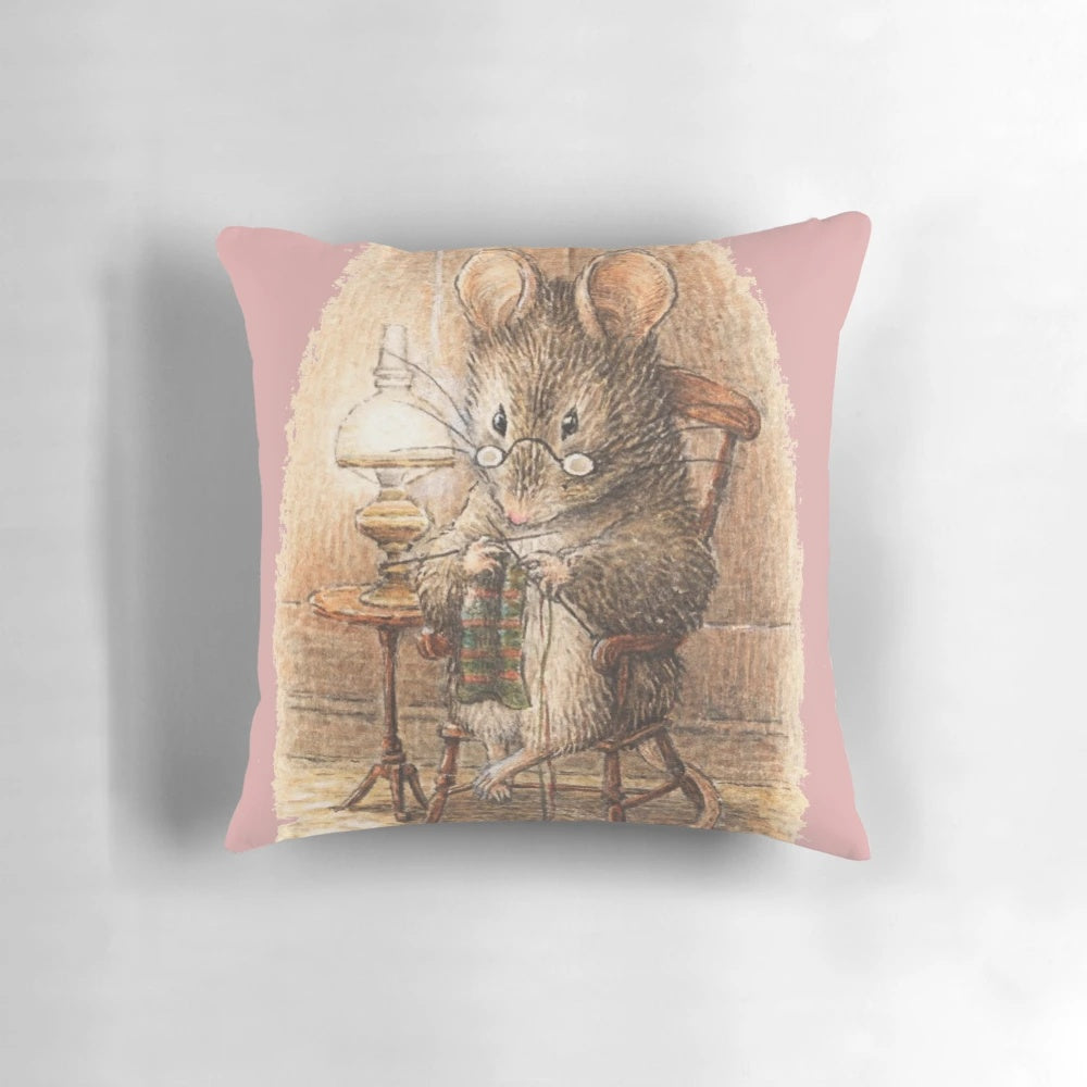 Beatrix Potter inspired knitting mouse pillow with rocking chair and glasses