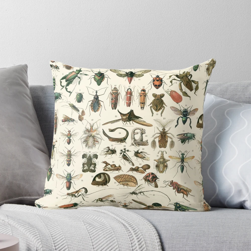 Colorful insect-themed pillow with various insects like ants, moths, crickets, and beetles