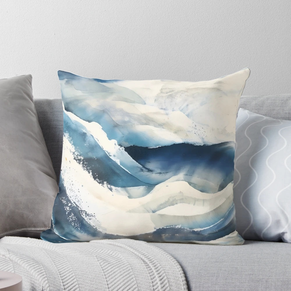 Blue abstract wave design on a decorative throw pillow, perfect for adding a touch of contemporary style to any room.