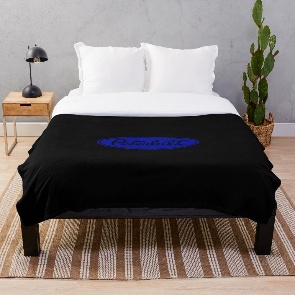 Blue and Black Plush Blanket with Peterbilt Truck Design