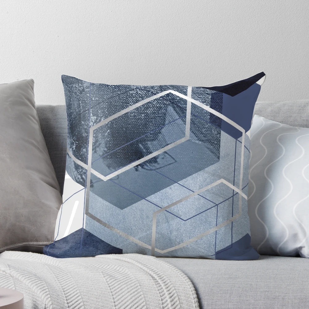 Blue and grey geometric hexagon pattern decorative pillow