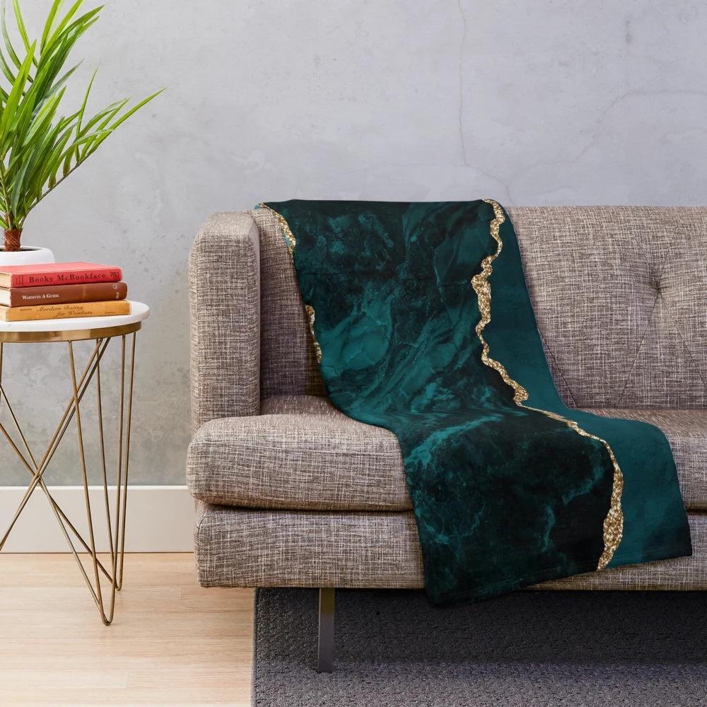 Blue and teal faux malachite marble plush blanket with a modern, abstract design