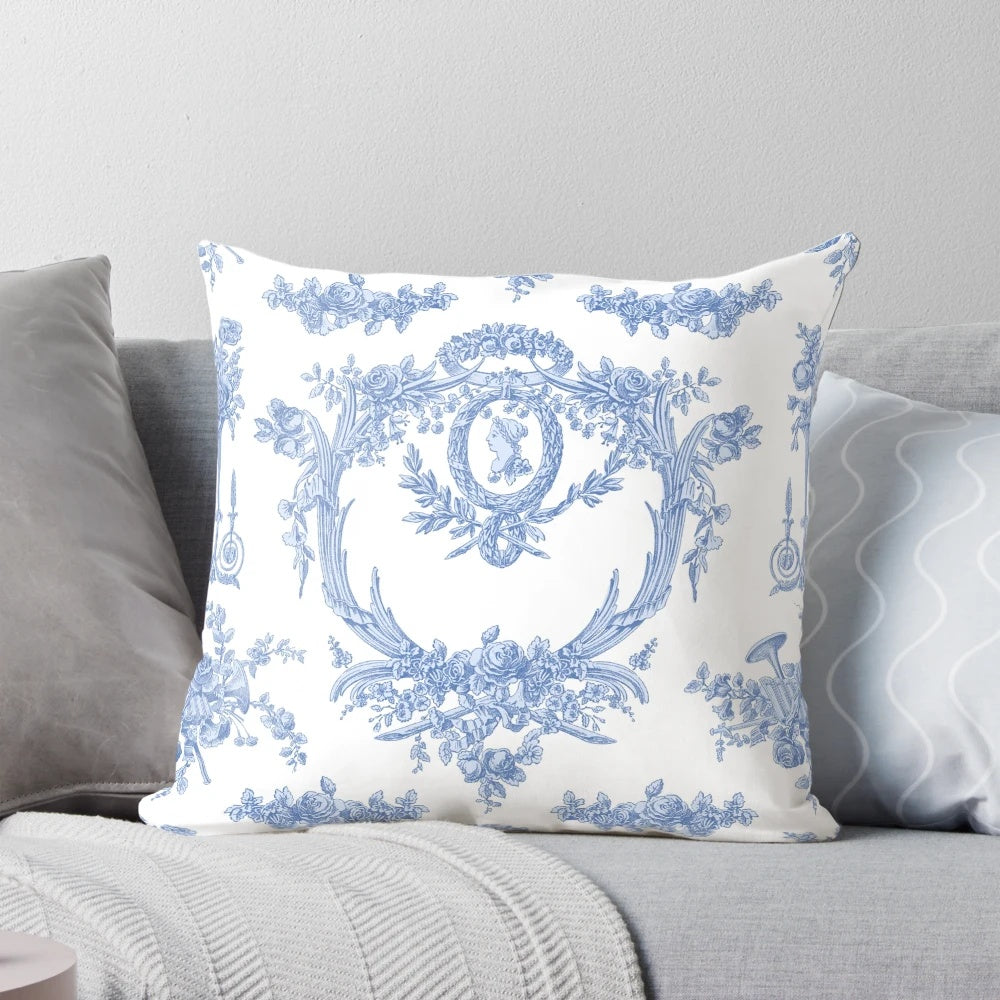 Blueberry and white floral patterned French country style decorative throw pillow