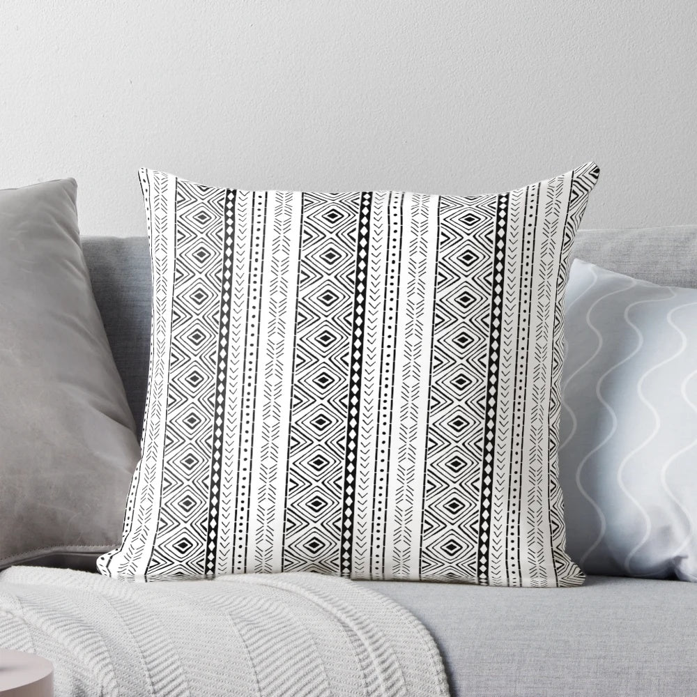 Handmade white mudcloth tribal pattern pillow for boho, rustic home decor
