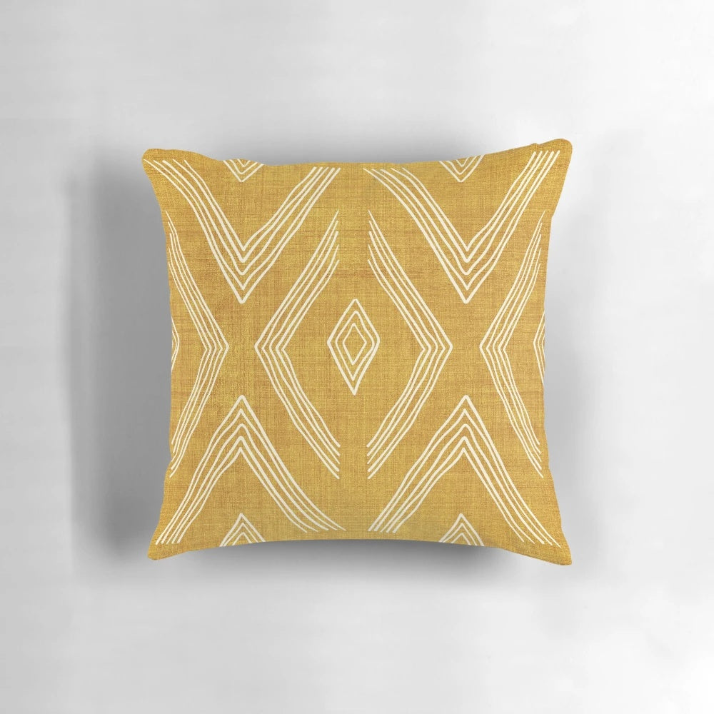 Boho geometric golden pillow with zig zag and diamond pattern