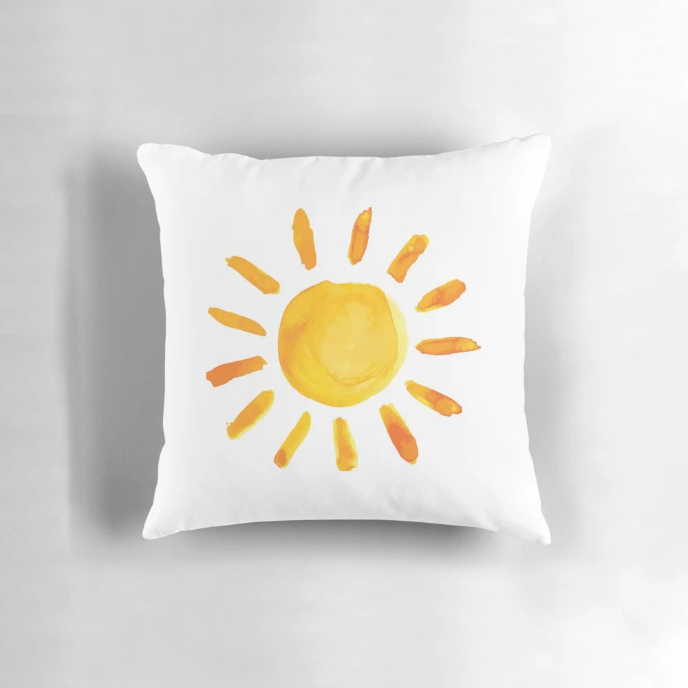 Bohemian-style watercolor painted sun throw pillow with elephant, pineapple, and mandala design