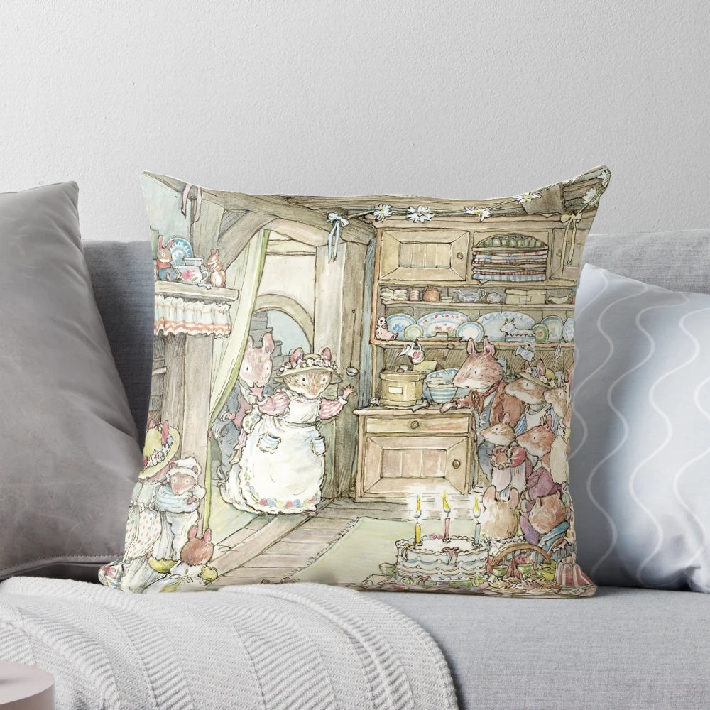 Brambly Hedge inspired pillow featuring charming countryside cottage scene with hawthorn blossom