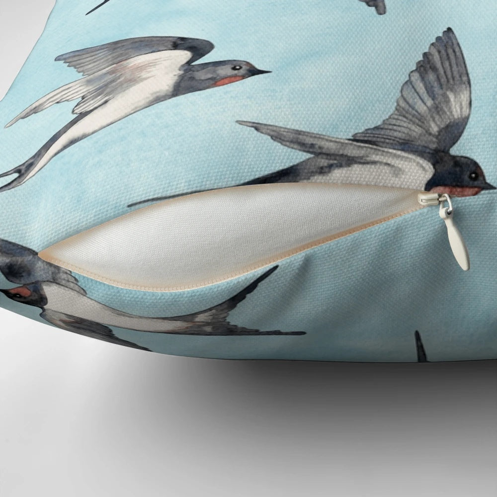 Watercolor painting of swallows in flight against a blue sky, decorative pillow for home