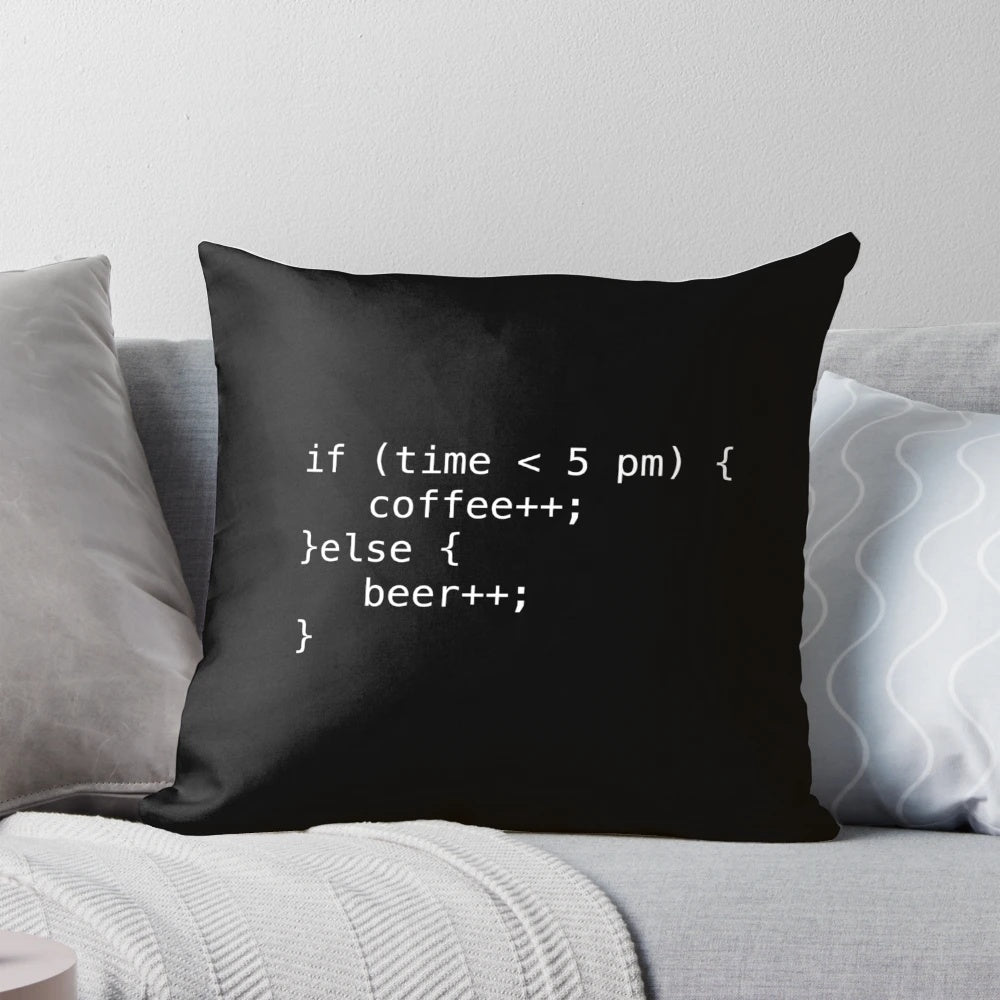 A cozy pillow featuring a "Coffee and Beer Code" design, perfect for software engineers, developers, and tech enthusiasts.