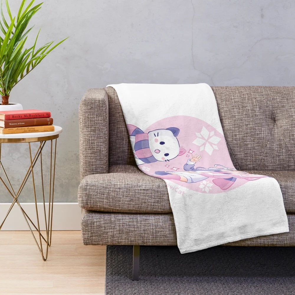 CandiCat Snow Chibi Plush Blanket featuring a cute anime-style cat in a winter scene