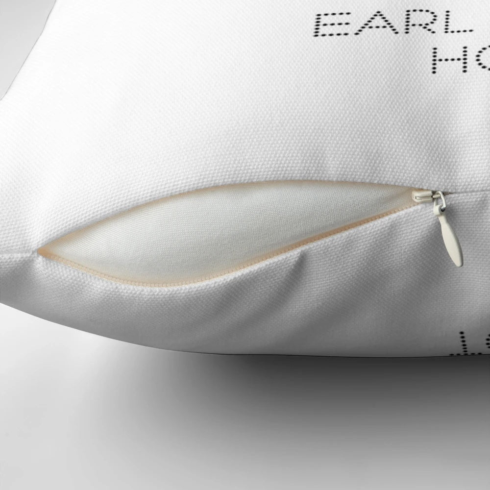Minimalist pillow design featuring the iconic "Tea, Earl Grey, Hot" quote from Captain Picard of Star Trek: The Next Generation, set against a starfield background.