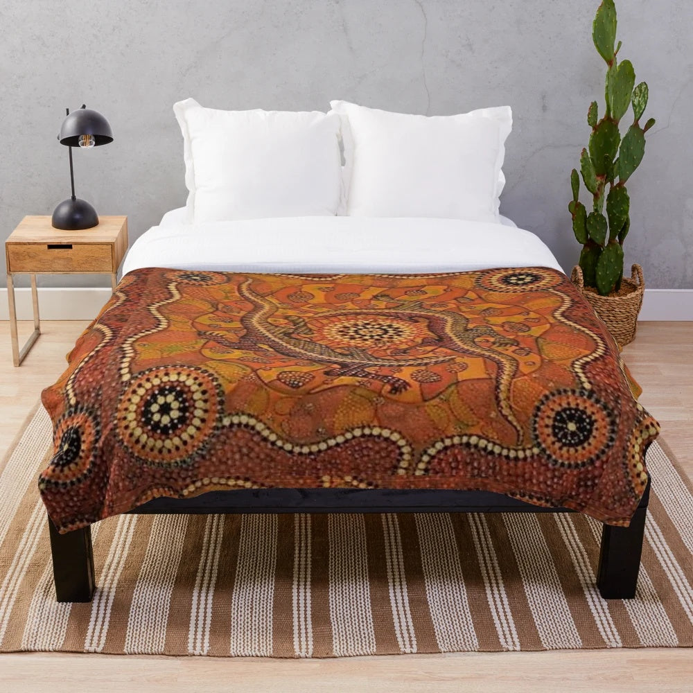 Closeup of a plush blanket featuring aboriginal-inspired dot painting design