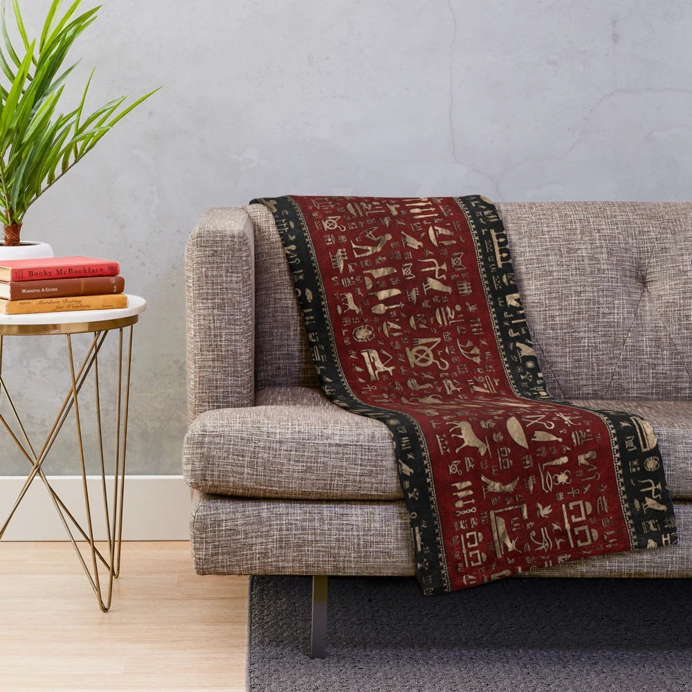 Ancient Egyptian hieroglyphic plush blanket in black, red, and gold