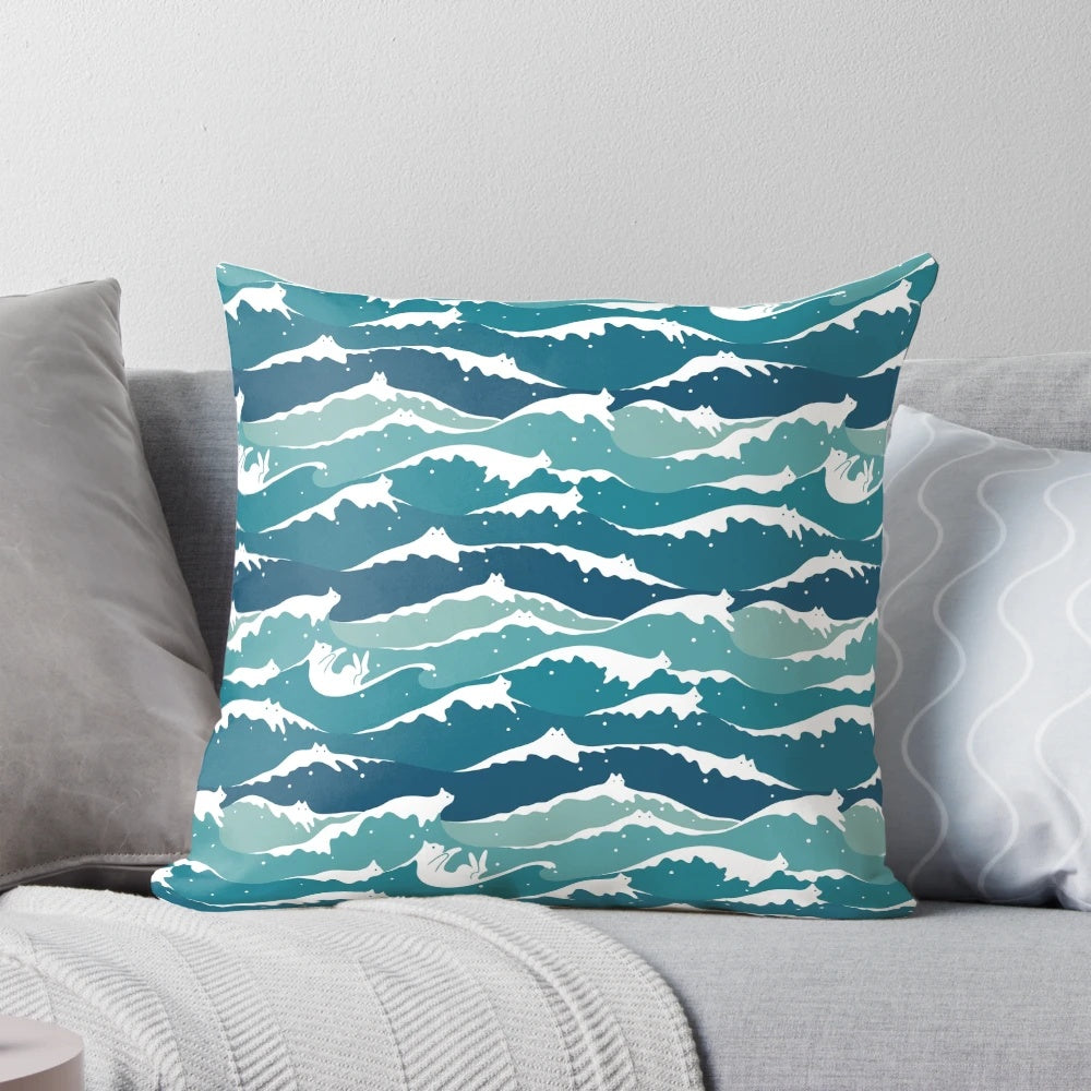 Vibrant cat waves pillow with a serene ocean landscape design