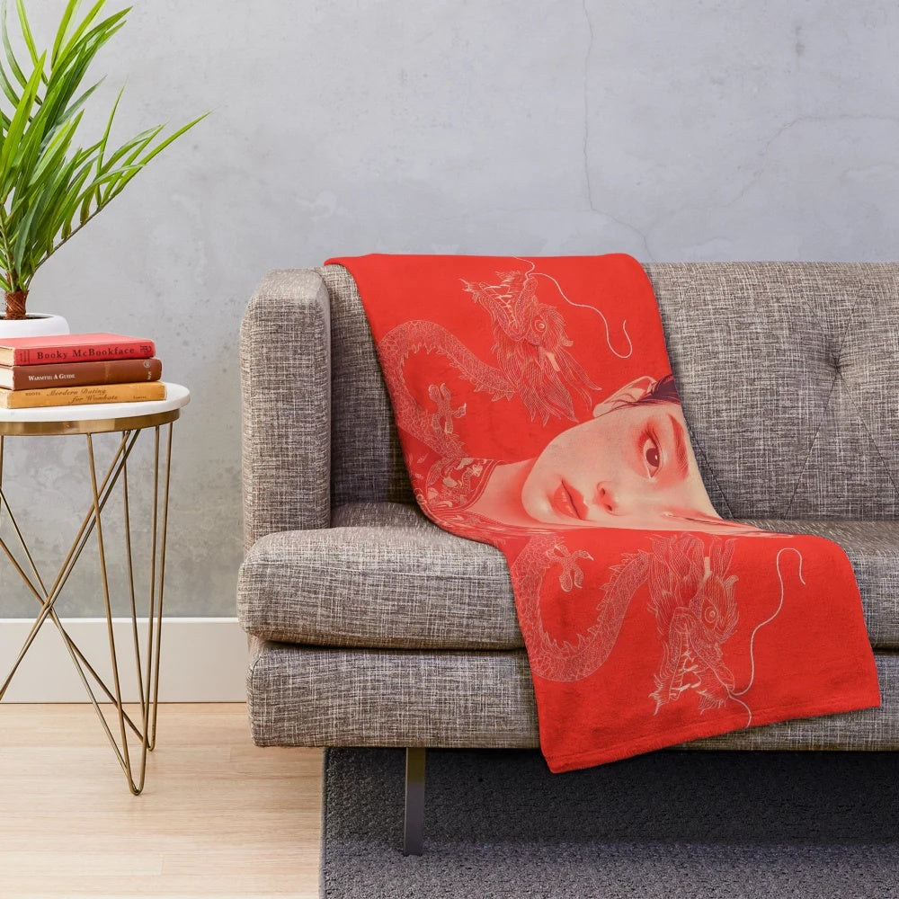 Stylized woman portrait design plush blanket with dragon motif