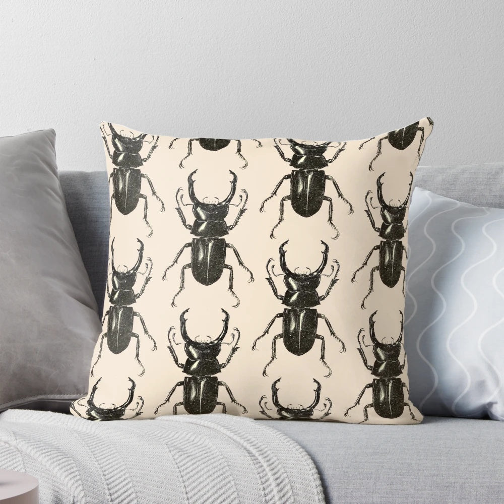 A decorative pillow featuring a detailed, intricate pattern of a stag beetle, perfect for nature and horror fans.