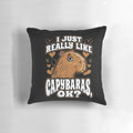 A cozy, throw pillow featuring the image of a capybara wearing a monocle and looking serious.