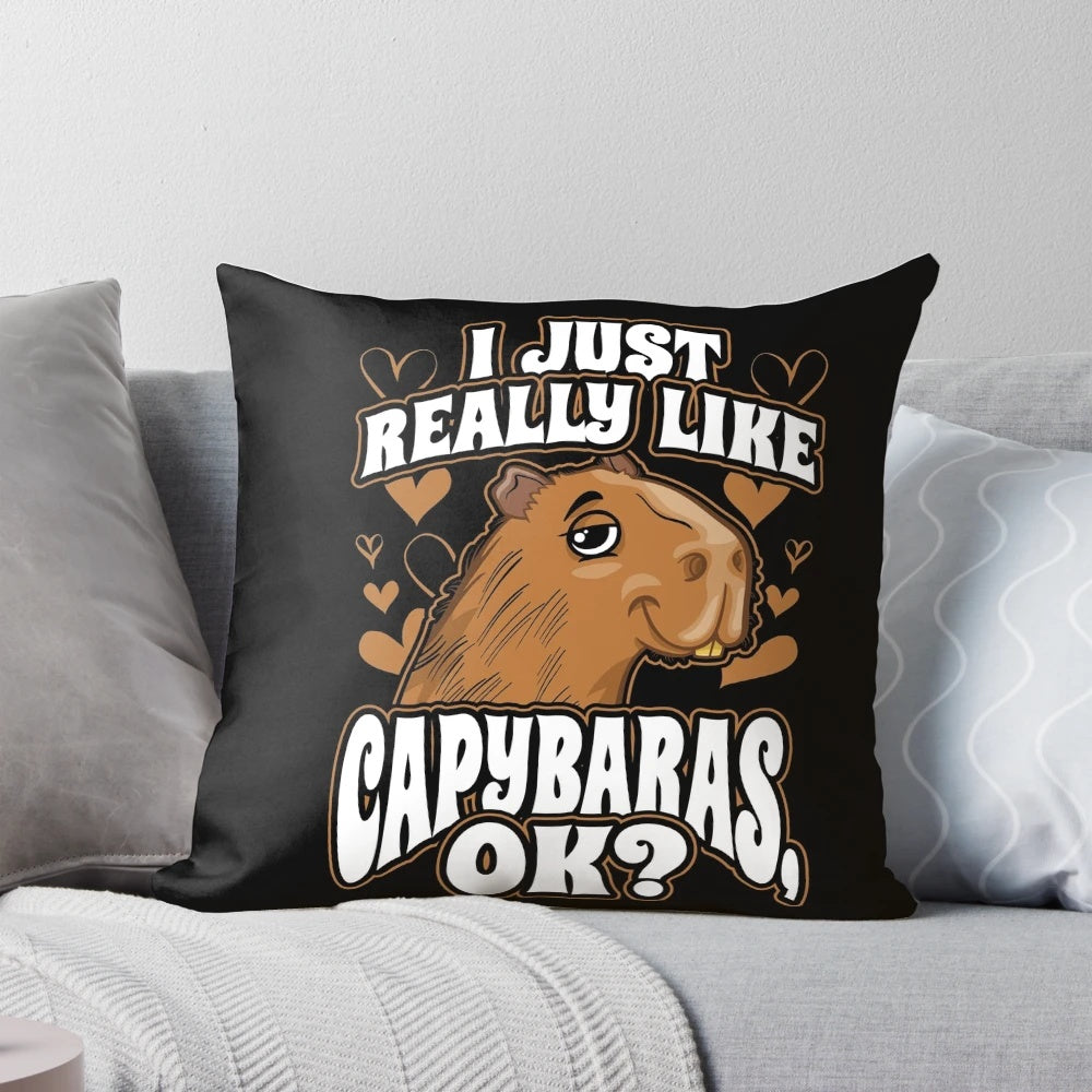 A cozy, throw pillow featuring the image of a capybara wearing a monocle and looking serious.