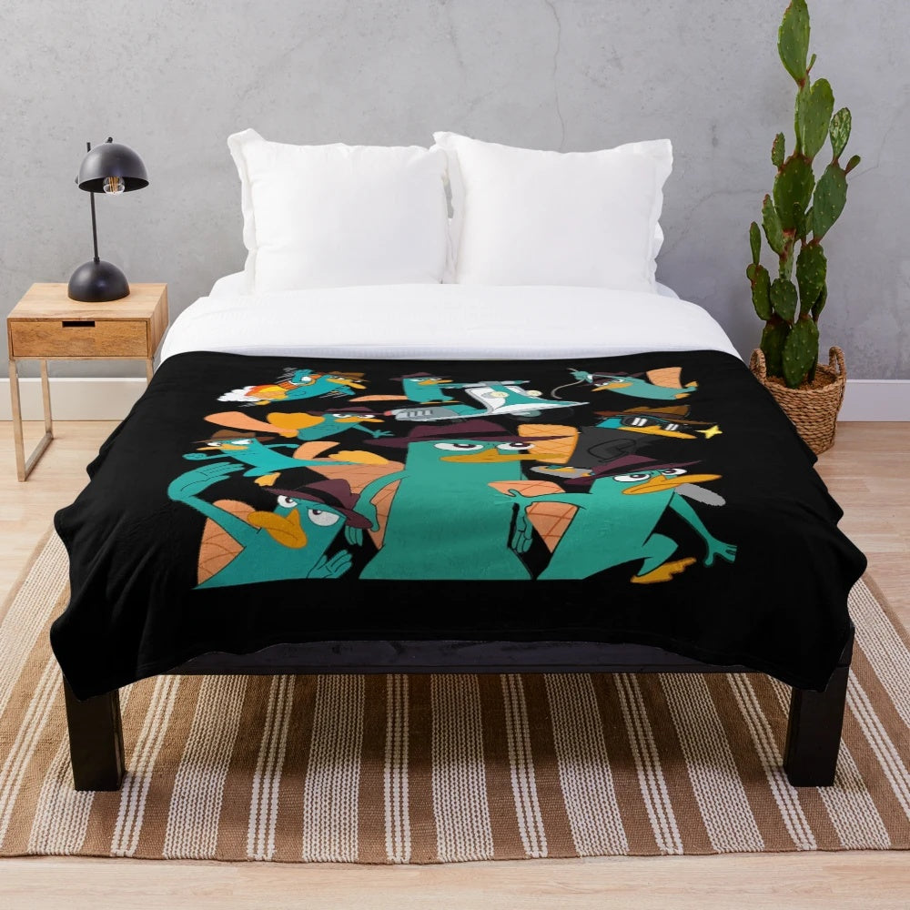 Perry the platypus plush blanket with collage design from Phineas and Ferb