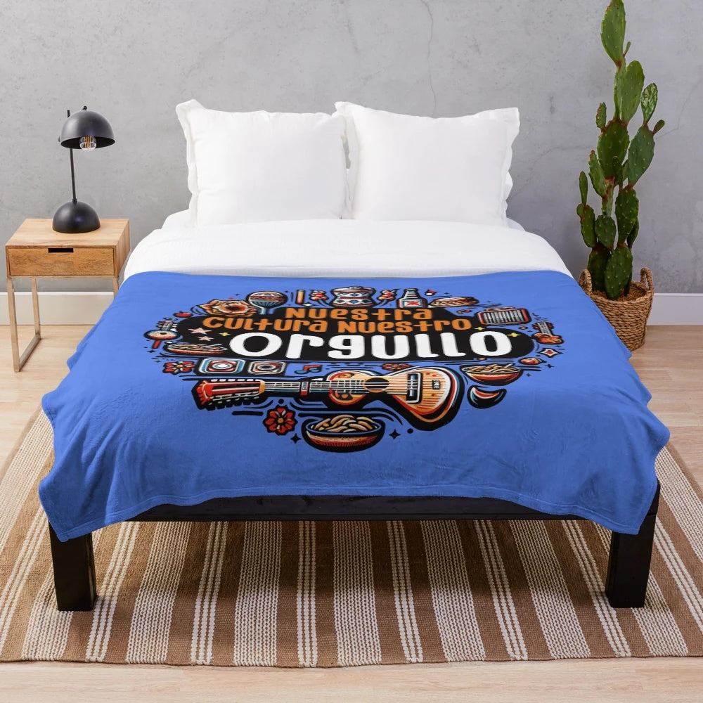 Nuestra Cultura, Nuestro Orgullo plush blanket celebrating Hispanic heritage