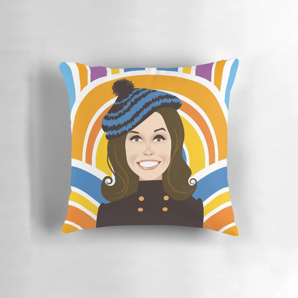 Vintage-inspired throw pillow featuring the iconic Mary Tyler Moore from the classic TV comedy series