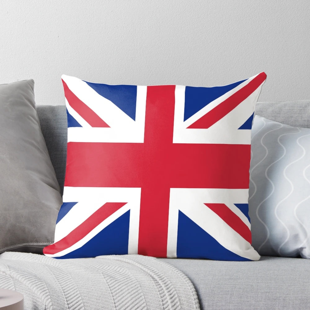 Union Jack flag printed on a soft, plush pillow