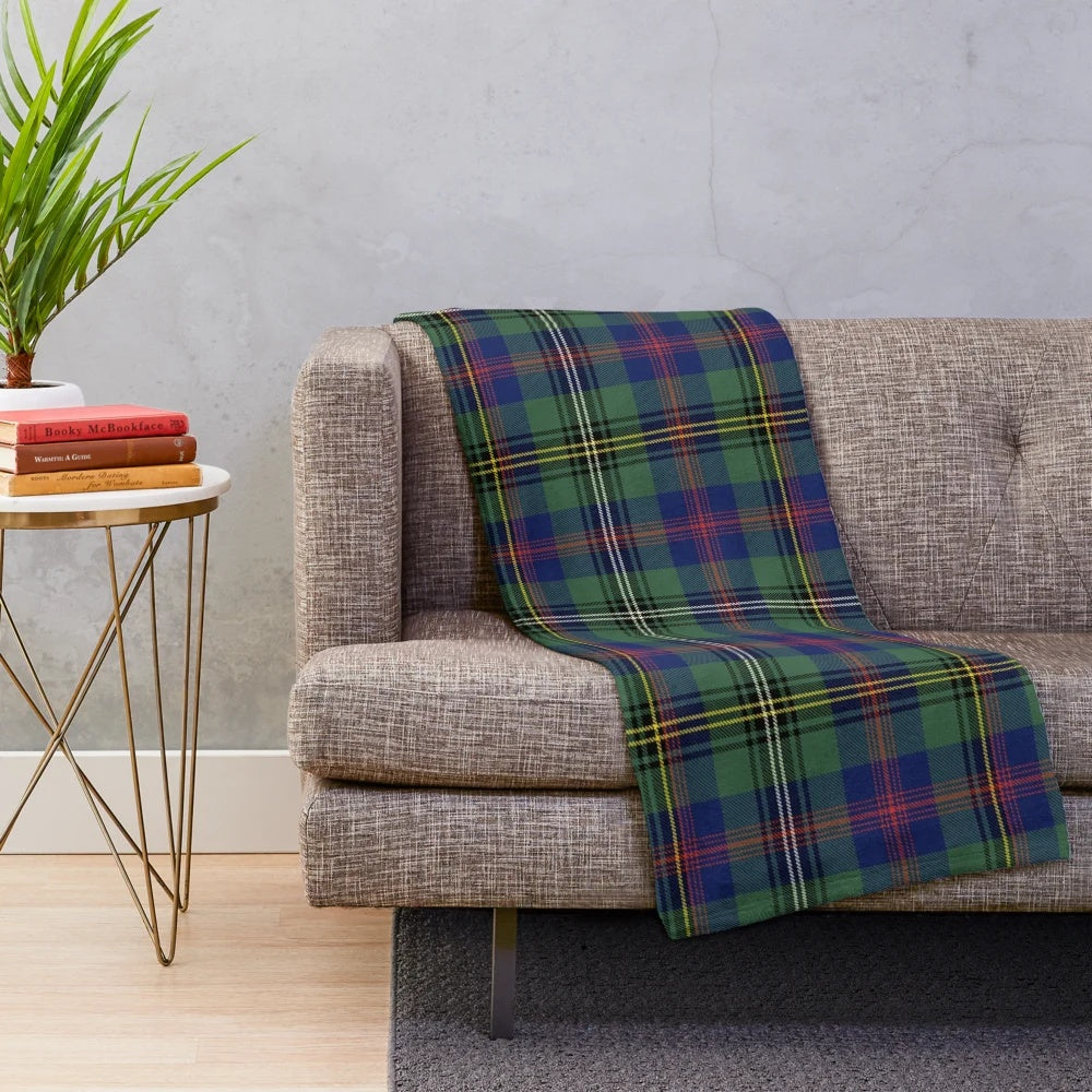 Clan Wood tartan plush blanket featuring the Wood family crest and tartan pattern
