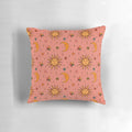 Colorful folk moon and star print throw pillow with celestial, boho, and mystical design.