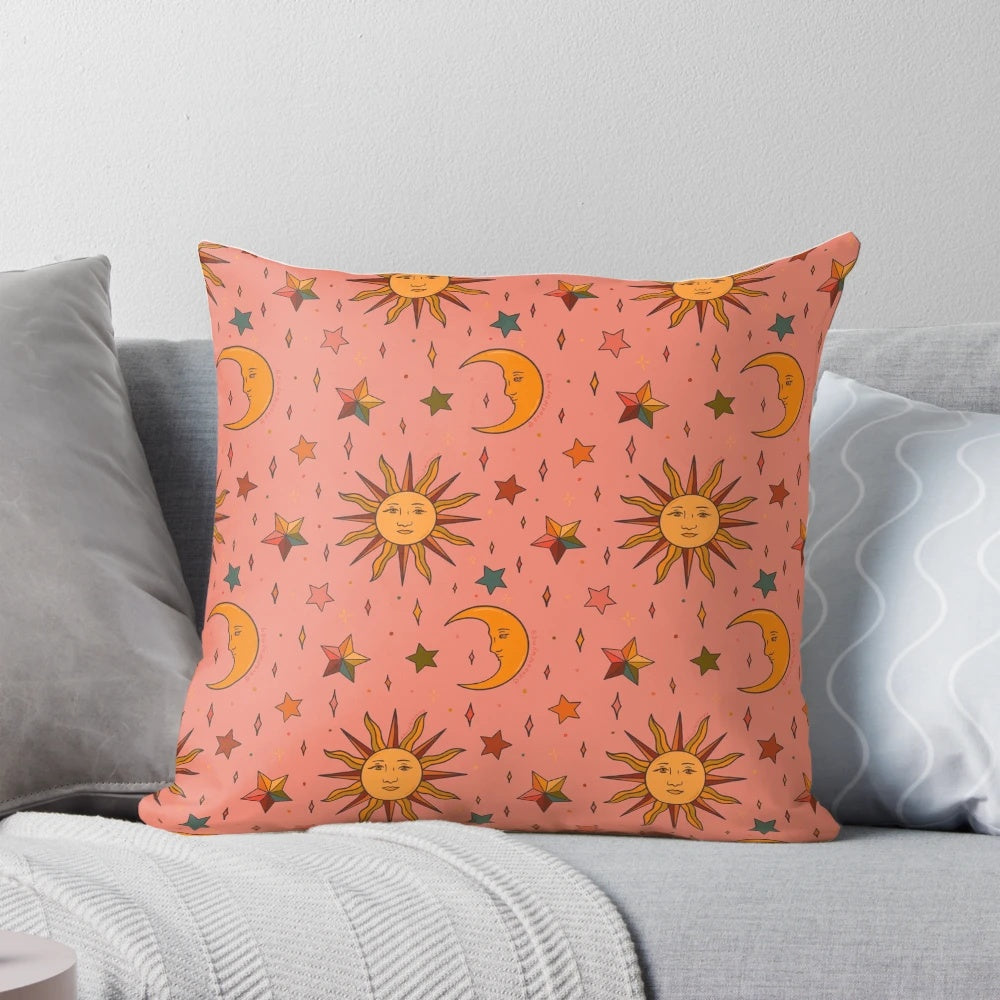 Colorful folk moon and star print throw pillow with celestial, boho, and mystical design.